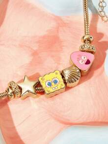 SpongeBob SquarePants | SHEIN 時尚可愛金色調卡通合金手鍊，海星、貝殼、滴油設計，適合日常配戴 - 彩色 - 查看 3