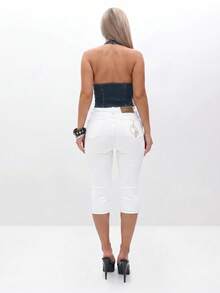 BABYPHAT Plus Size Capri Denim Jeans With Gold Cat Embroidery And Contrast Stitching Cuffed Hem - White - View 2