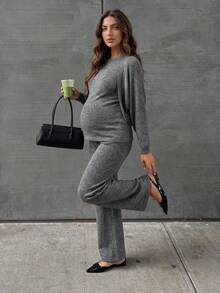 SHEIN Maternity Solid Color Round Neck Top And Long Pants Casual Dressy Daily Knit Set Autumn Formal Home Wear Grey - Grey - View 1