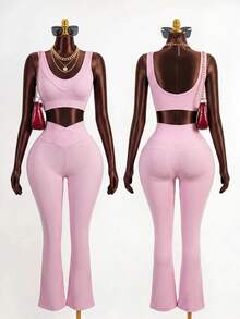 Mistrie Women's Solid Color Cropped Tank Top And Leggings Sports Set - Pink - View 3