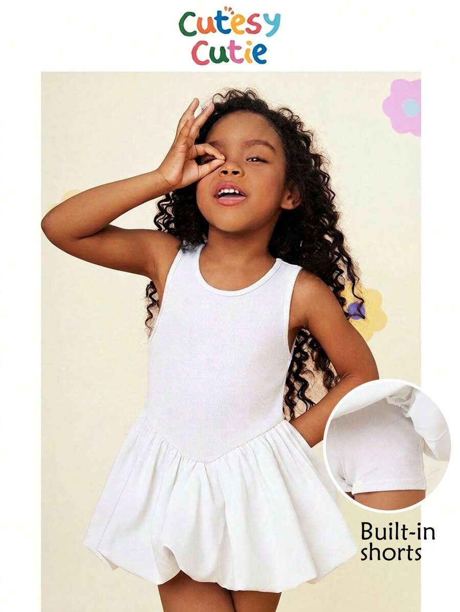 SHEIN Young Girl Knitted Solid Color Round Neck Patchwork Woven Fitted Dress - White - View 1