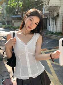 DAZY 女款荷葉邊條紋無袖上衣，清新輕盈夏季風格 - 白色 - 查看 5