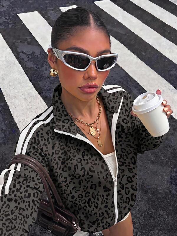 Muchica Casual Minimalist Retro Black Leopard Print Contrast Stripe Women's Sweatshirt, Vintage, Preppy, Classic, Fashion, Youthful Street Style. Smooth And Comfortable Fabric, Sporty Casual Style, World Cup Jersey Outfit Follow-Up, Sporty Streetwear