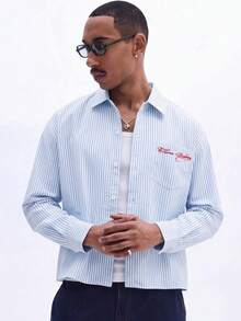 SUMWON Men Striped Button-Up Cropped Shirt With Chest Pocket Script Embroidery Long Sleeve Casual Summer Overshirt - Blue - View 5