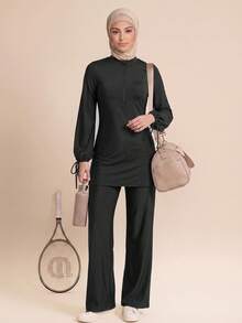 SHEIN With My Calm Swim Lushoire 2PCS Solid Black Long Sleeve Casual Sports Set - Black - View 4