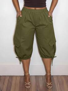 Slaydiva Celana Capri Wanita Ukuran Besar Warna Polos Pinggang Elastis Saku Kargo untuk Liburan Semi Formal Hijau Zaitun Kasual Musim Panas - Hijau Tentara - View 5