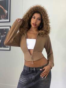 Jeanoix Autumn Casual Fur Collar Hooded Cropped Jacket - Grey - View 1