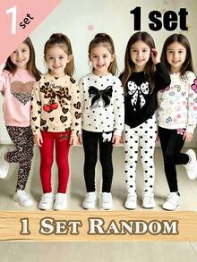 1 Random Item From 5 Girls' Fresh Heart Bow Polka Dot Floral Cherry Leopard Print Basic Crew Neck Sweatshirt With Leggings - Multicolor - View 1