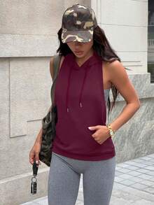 Dewbera Dewbera 女士时尚休闲户外健身跑步前中口袋无袖连帽抽绳露背性感瑜伽运动卫衣，夏季 - 酒紅色 - 查看 6