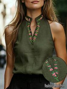 Elouméa 女款花卉刺繡立領無袖襯衫，刺繡上衣，夏季穿搭，優雅襯衫，通勤上班穿著 - 綠色 - 查看 3