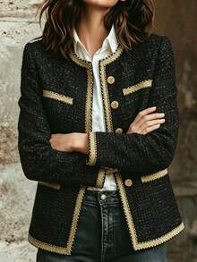 SHEIN Women's Casual Wool Blend Jacket With Woven Trim, Long Sleeve, Single-Breasted - Black - View 5