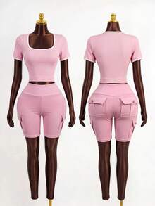 Zolique Pink Solid Color Cargo Sports Shorts, Women's Activewear, Casual Summer Going Out Outfits - Pink - View 3