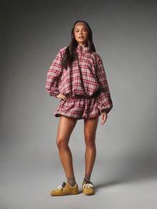 MISSGUIDED Celana Pendek Gelembung Kotak-kotak dengan Pinggang dan Ujung Elastis, Model Bloomer, Panjang Mini, Musim Gugur, Musim Dingin, Musim Perayaan. - MultiWarna - View 2