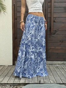 Sunnyshic Women's Casual Bohemian Printed Long Skirt, Suitable For Spring/Summer Holiday Wear - Navy Blue - View 5