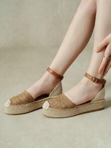 Styleloop Women's Camel Holiday Style Hollow Braided Strap Hemp Rope Platform Shoes - Camel - View 9