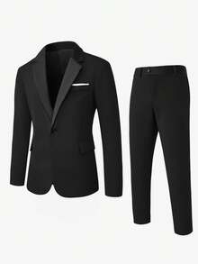 Manfinity Mode 男士黑色缺口領修身商務西裝外套與長褲套裝 - 黑色 - 查看 4