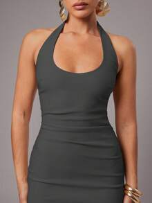 Silquee Women's Spring/Summer Solid Dark Grey Halter Neck Backless Dress Night Out Date Night Sexy - Grey - View 5