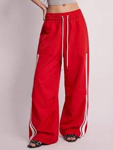 Rina Fox Women's Contrast Color Striped Drawstring Waist Long Pants - Red - View 5