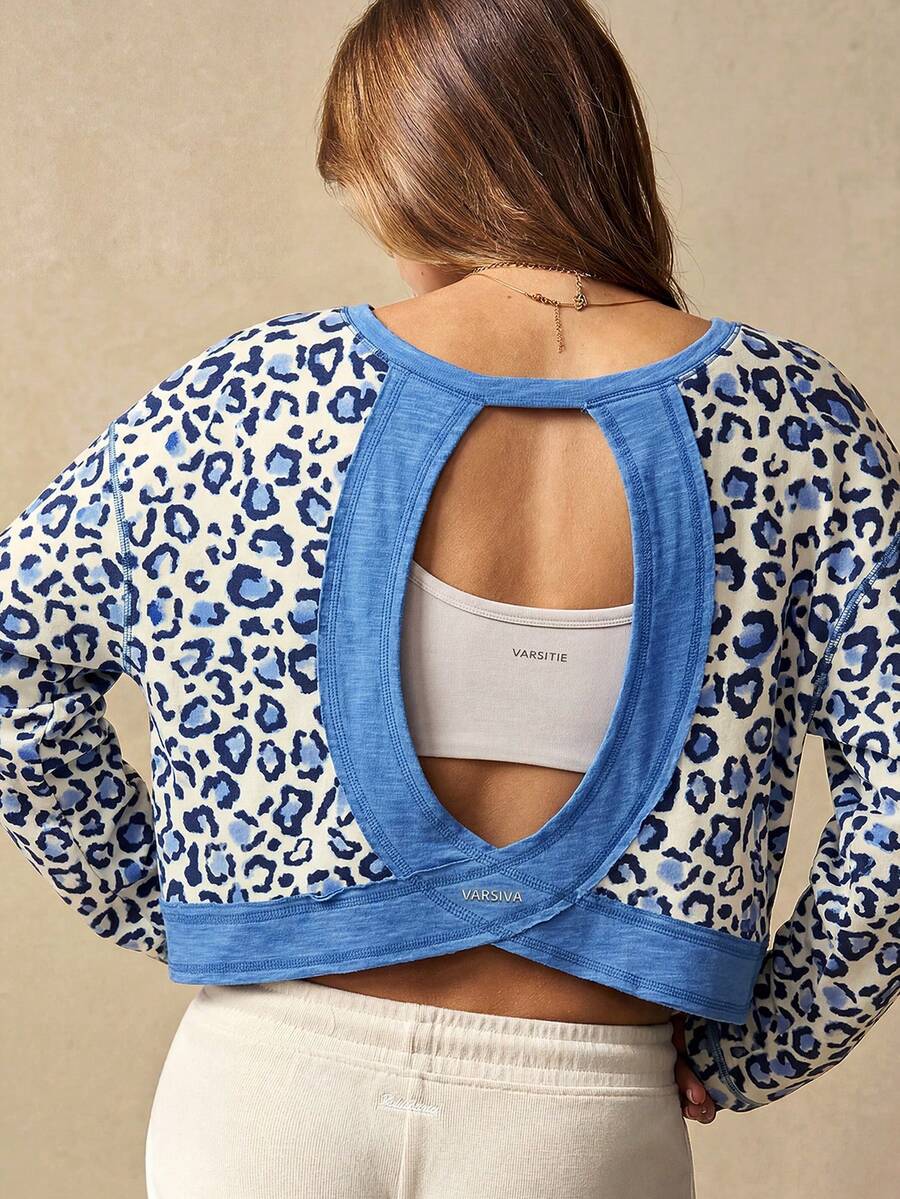 VARSIVA Leopard Print Back Hollow Out Sports T-Shirt - Multicolor - View 1