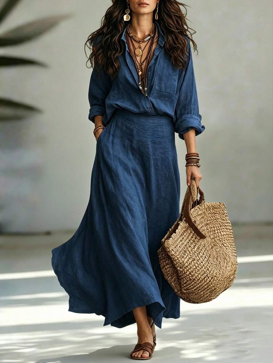 SHEIN Holidaya 女款春夏/秋冬鬆弛感紋理襯衫與A字口袋裙兩件套,同色紋理面料營造隨性舒適氛圍,適合夏秋休閒穿搭,適用日常通勤、休閒外出、居家穿著等,海軍藍女套裝 - 藏蓝色 - 查看 1