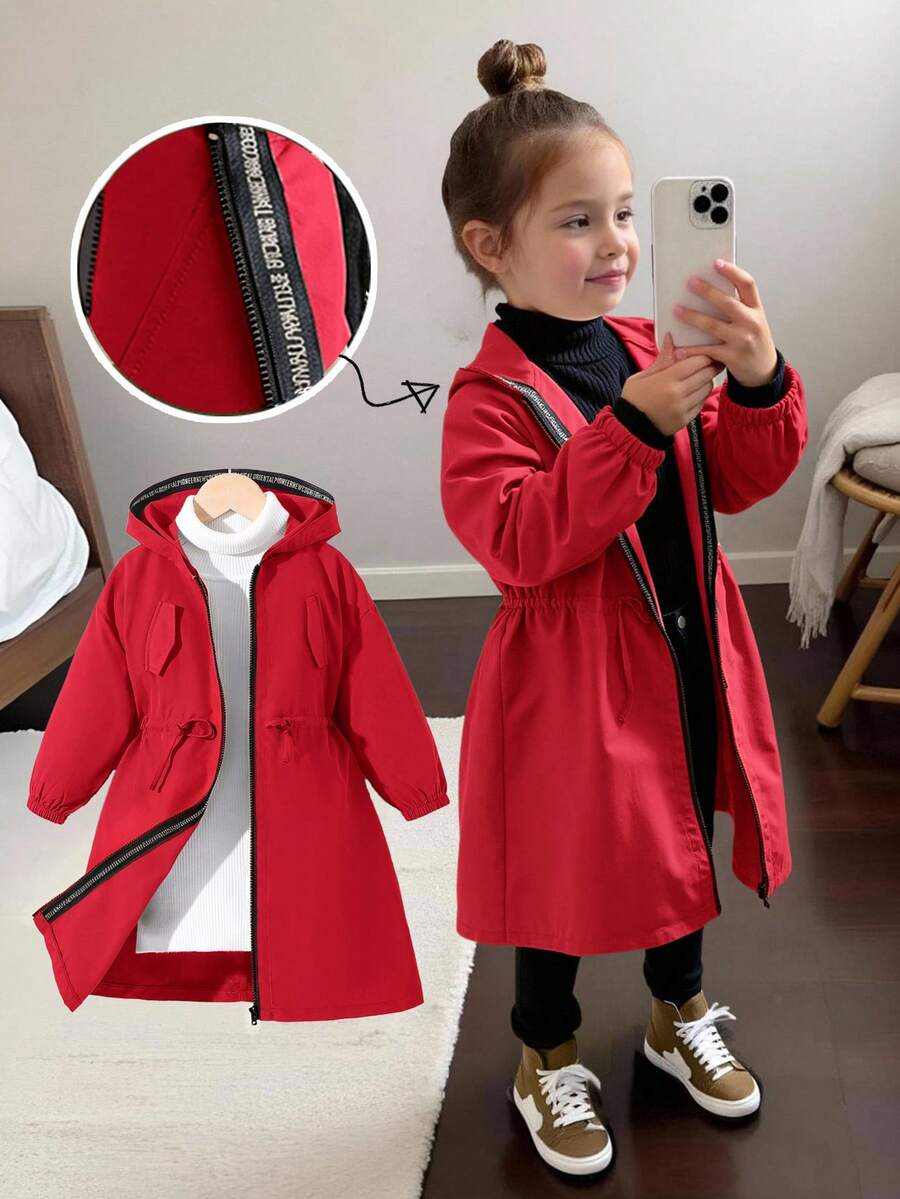 SHEIN 少女/青少年女孩休閒字母裝飾寬鬆文字貼布口袋連帽中長版派克冬季外套 開學季秋季 - 紅色 - 查看 1
