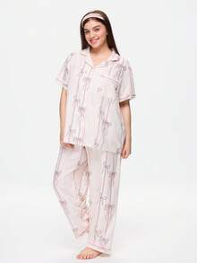 Bonmuse Bow Print Short Sleeve & Long Pants Pajama Set, Plus Size - Apricot - View 4