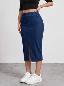 Flexra Women's Casual Washed Slit Slim Fit Denim Skirt Office Navy Blue Autumn - Blue - View 6