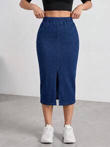 Flexra Women's Casual Washed Slit Slim Fit Denim Skirt Office Navy Blue Autumn - Blue - View 7