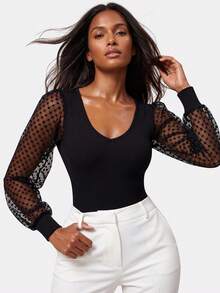 SHAPORA Women Solid Seamless Waist Cincher Briefs Bodysuit Heart Jacquard Mesh Lace V-Neck Long Lantern Sleeve ShapewearTummy Control For Multiple Ocassions - Black - View 4