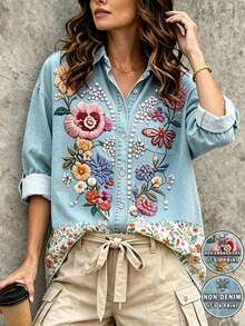 Selamara Women's Y2K Fall Floral Pearl Denim Effect Shirt, Suitable For Everyday Wear And All Seasons. - Multicolor - View 1