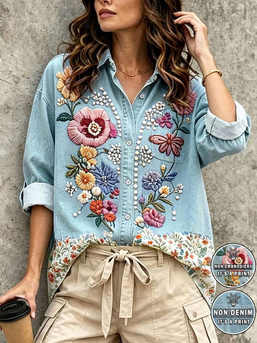 Selamara Women's Y2K Fall Floral Pearl Denim Effect Shirt, Suitable For Everyday Wear And All Seasons. - Multicolor - View 1
