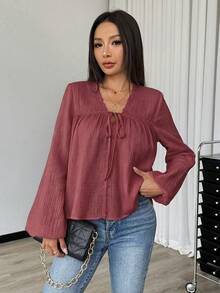 SHEIN 女款純色喇叭袖休閒波希米亞風前綁帶襯衫，適合早午餐、約會之夜，灰玫瑰色，秋季 - 棕色 - 查看 6