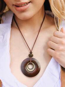 Nocturel 1pc Beaded Geometric Alloy Necklace, Vintage Sweater Chain For Women - Brown Hollow Round Card - View 5