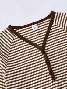 Sparklyn Tween女孩 Y2K 條紋短袖 V 領開襟式插肩袖修身 T-shirt，秋季款 - 棕色 - 查看 6