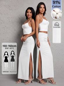 SHEIN PETITE Women's Solid Color Slit Design Casual Sexy Versatile Daily Wear Skirt Everyday Going Out White Summer - White - View 3
