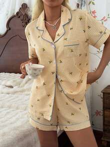 Tulorae Women's New Lemon Plaid Print Button-Front Short Sleeve Shorts Pajama Set - Yellow - View 4