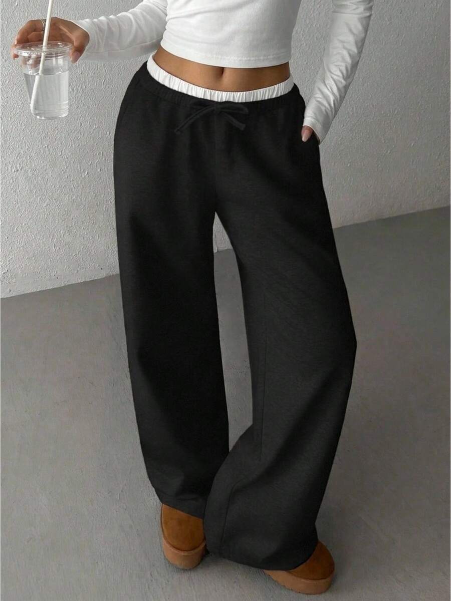 SHEIN Tween 女童纯色直筒休闲针织裤 - 黑色 - 查看 1