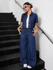 SHEIN 2件套少女深蓝色牛仔短袖短款衬衫和宽松长裤 - 深色水洗藍 - 查看 4