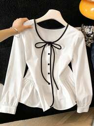 SHEIN Franclia White & Black Contrast Trim Large Scoop Neck Tie-Front Bow Puff Sleeve Long Sleeve Blouse With Pleated Ruffle Hem Single-Breasted Black Buttons Cinched Waist Cropped Top For Petite Women