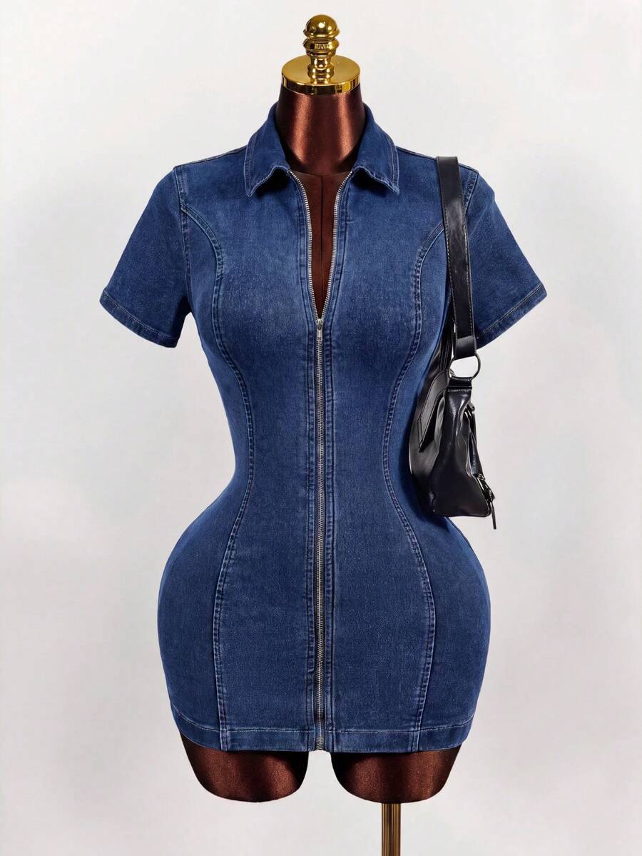 Mistrie 女款短袖前拉鍊修身牛仔洋裝 - 中等水洗藍 - 查看 1