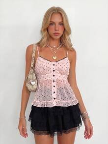 Sundraya Conjunto Feminino 2 Peças Regata Aberta com Poá Rosa & Saia Preta - Multicolorido - Visão 2
