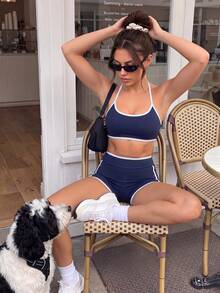 Gameset SHEIN Sport Women's Minimalist Athleisure Active Halter Tie Tank Top And Navy Blue And White Contrast Color Shorts Sports Set Gym Workout Summer - Navy Blue - View 9