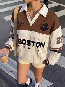 Muchica 女款秋季新款街頭運動休閒時尚 Polo 領長袖寬鬆衛衣，棕色與白色波點，校園教師風 - 彩色 - 查看 7