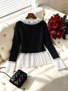 GlowEve Autumn/Winter Elegant French Black And White Lace Patchwork Cardigan Office - Black - View 2