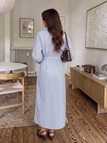 Serisse Women's Striped Long Sleeve Single-Breasted Casual Shirt Midi Dress - Blue and White - View 2