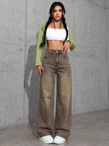 SHEIN EZwear 休閒水洗直筒牛仔褲 - 鏽棕色 - 查看 7