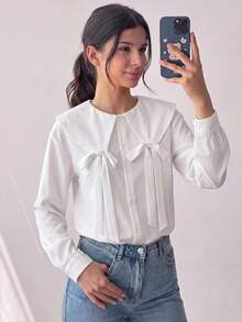 SHEIN 兒童青少年女孩秋冬休閒校園風大廓形翻領3D蝴蝶結寬鬆長袖白色襯衫，返校季、高中舞會、派對、開學日，女童白色襯衫女式白色上衣 - 白色 - 查看 8