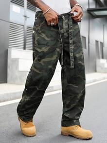 GALLERY FADE 男士街頭風休閒拼接腰帶迷彩牛仔長褲 - 軍綠色 - 查看 1