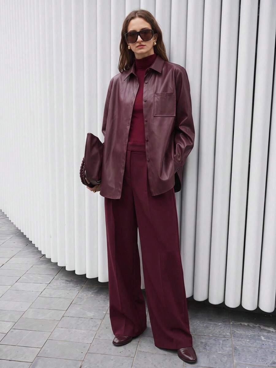 Ontre 女款 2026SS 新品 安哥拉紅 純色長袖 PU 皮革單排扣休閒襯衫夾克，情人節穿搭，春季常規外套