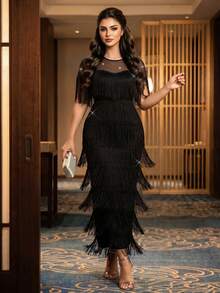 Auveirra Vestido casual de fiesta para mujer talla grande con diseño de patchwork de malla y flecos - Negro - Ver 7